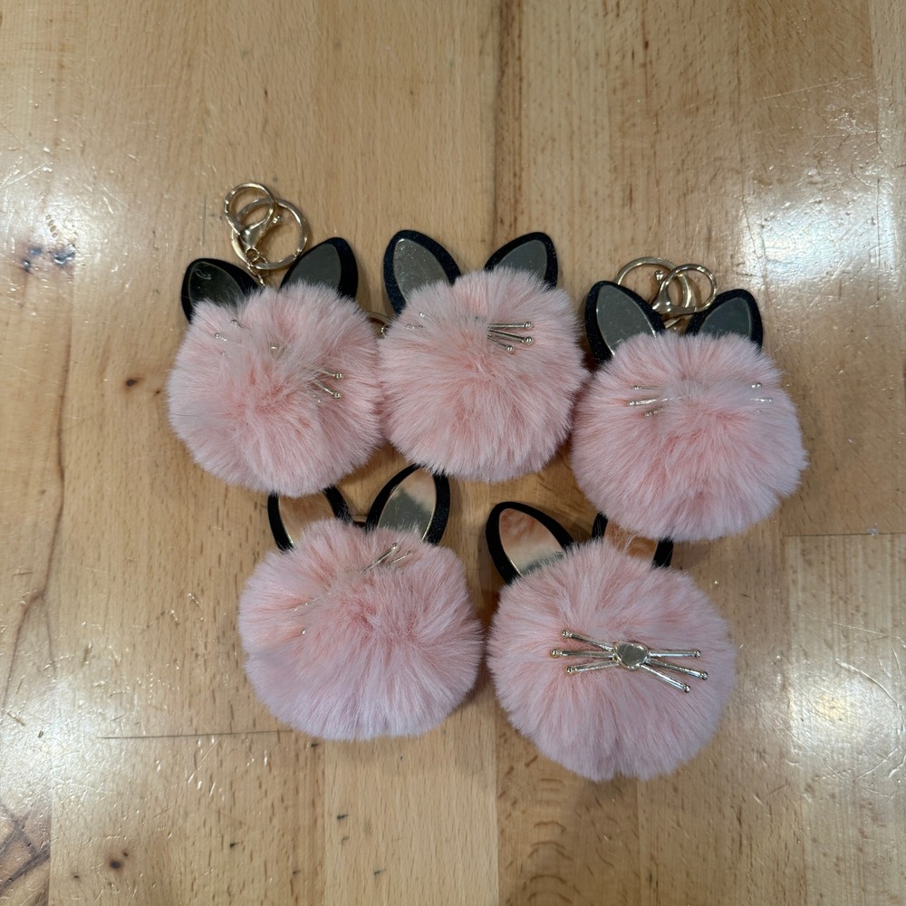 5 Pack Pink Pom Pom Rabbit Keychain Charm Faux Fur Gold Accents